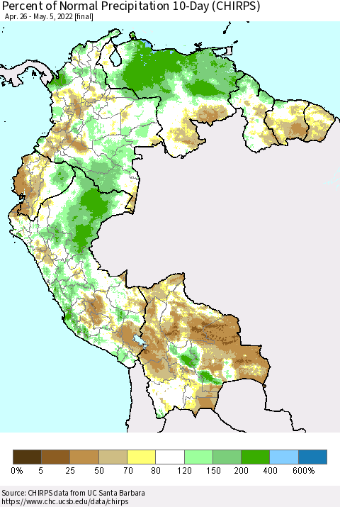 Northern South America Percent of Normal Precipitation 10-Day (CHIRPS) Thematic Map For 4/26/2022 - 5/5/2022