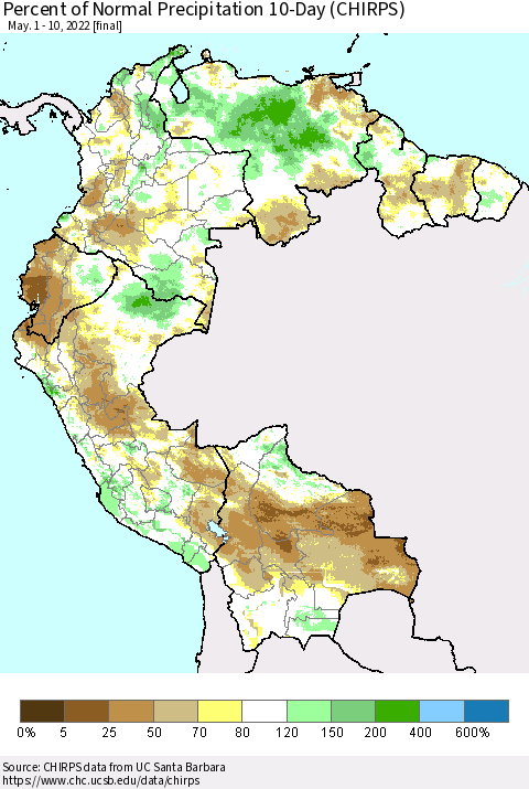 Northern South America Percent of Normal Precipitation 10-Day (CHIRPS) Thematic Map For 5/1/2022 - 5/10/2022