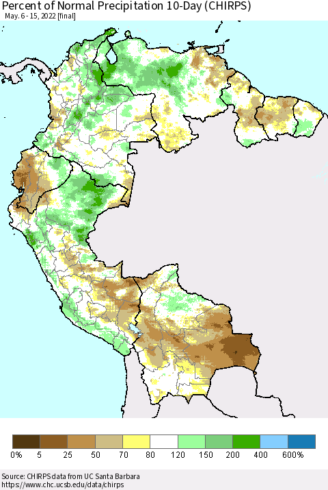 Northern South America Percent of Normal Precipitation 10-Day (CHIRPS) Thematic Map For 5/6/2022 - 5/15/2022
