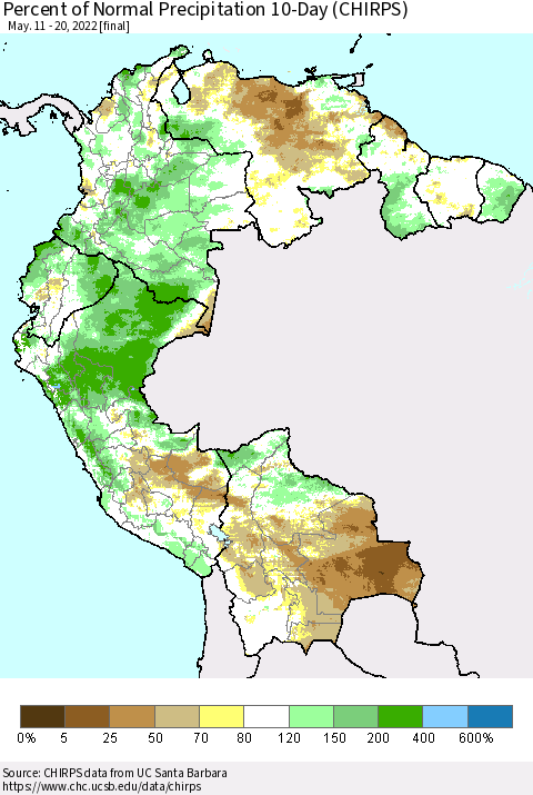 Northern South America Percent of Normal Precipitation 10-Day (CHIRPS) Thematic Map For 5/11/2022 - 5/20/2022