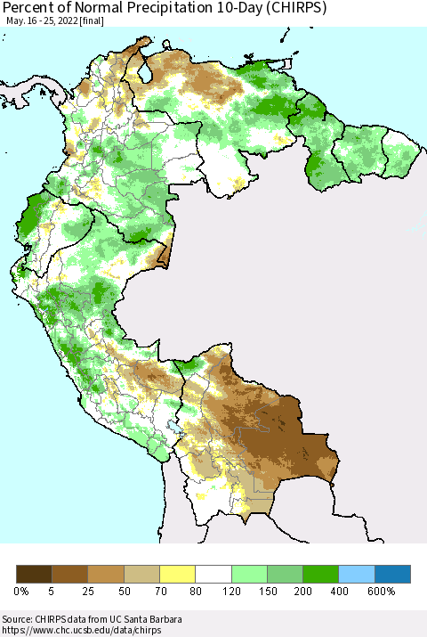 Northern South America Percent of Normal Precipitation 10-Day (CHIRPS) Thematic Map For 5/16/2022 - 5/25/2022