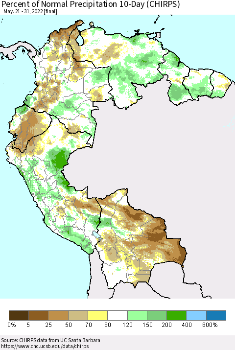 Northern South America Percent of Normal Precipitation 10-Day (CHIRPS) Thematic Map For 5/21/2022 - 5/31/2022