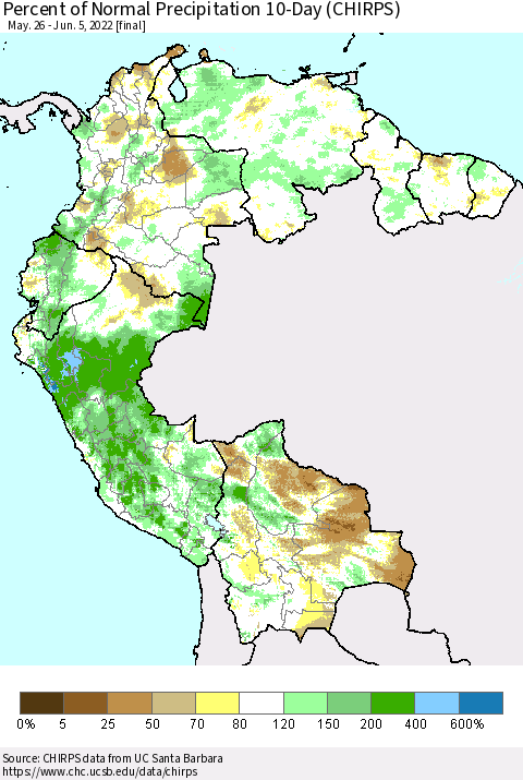 Northern South America Percent of Normal Precipitation 10-Day (CHIRPS) Thematic Map For 5/26/2022 - 6/5/2022