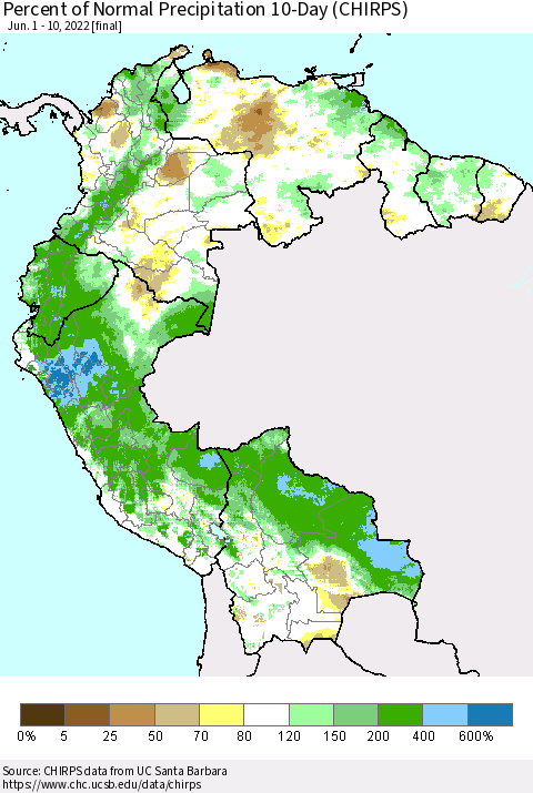 Northern South America Percent of Normal Precipitation 10-Day (CHIRPS) Thematic Map For 6/1/2022 - 6/10/2022