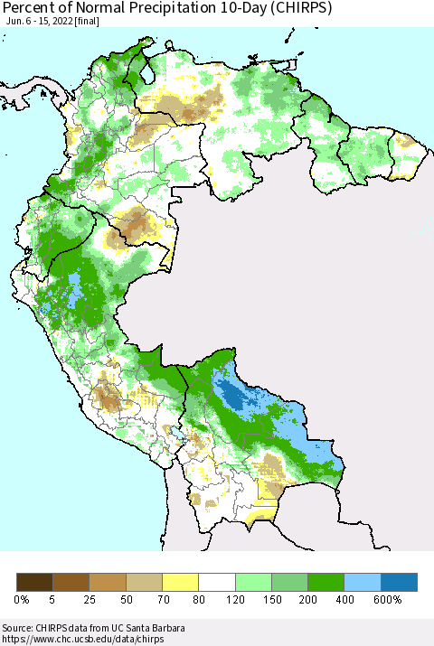Northern South America Percent of Normal Precipitation 10-Day (CHIRPS) Thematic Map For 6/6/2022 - 6/15/2022