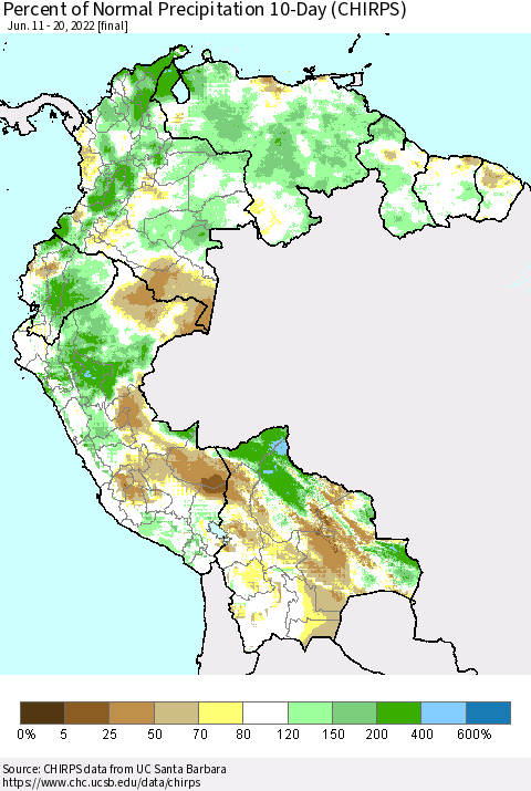 Northern South America Percent of Normal Precipitation 10-Day (CHIRPS) Thematic Map For 6/11/2022 - 6/20/2022