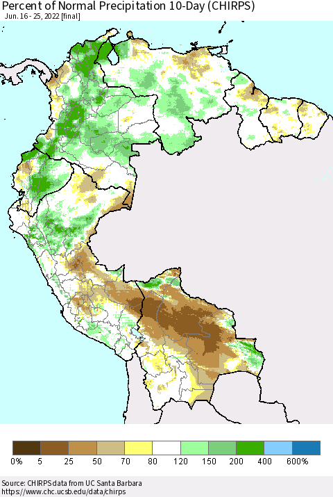 Northern South America Percent of Normal Precipitation 10-Day (CHIRPS) Thematic Map For 6/16/2022 - 6/25/2022
