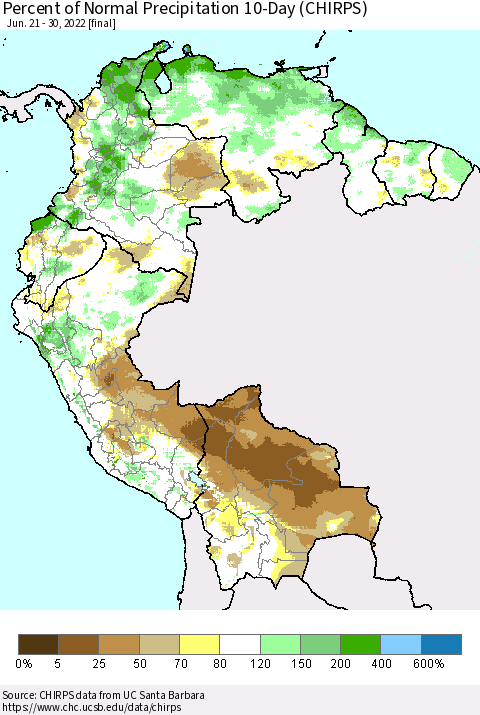Northern South America Percent of Normal Precipitation 10-Day (CHIRPS) Thematic Map For 6/21/2022 - 6/30/2022