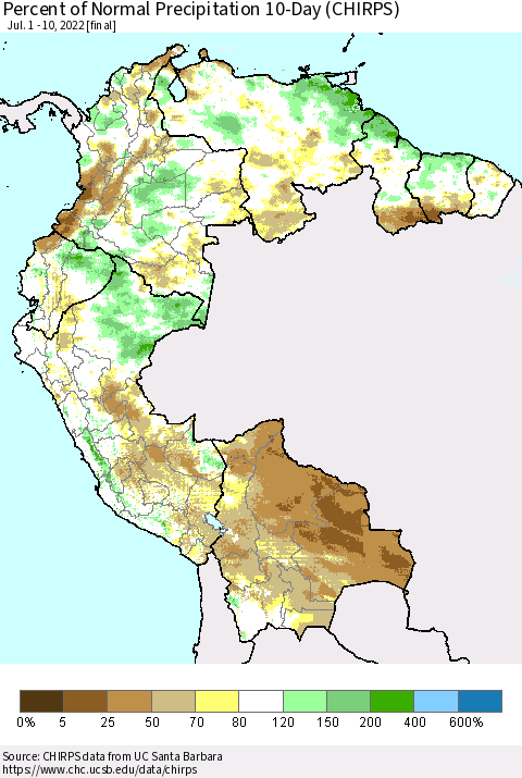Northern South America Percent of Normal Precipitation 10-Day (CHIRPS) Thematic Map For 7/1/2022 - 7/10/2022