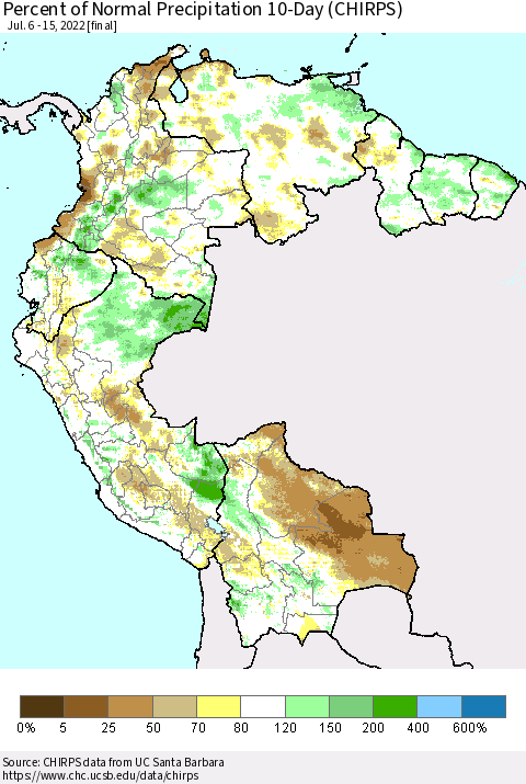 Northern South America Percent of Normal Precipitation 10-Day (CHIRPS) Thematic Map For 7/6/2022 - 7/15/2022