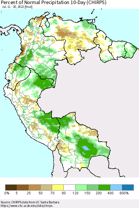 Northern South America Percent of Normal Precipitation 10-Day (CHIRPS) Thematic Map For 7/11/2022 - 7/20/2022