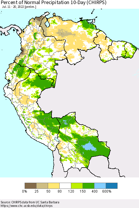 Northern South America Percent of Normal Precipitation 10-Day (CHIRPS) Thematic Map For 7/11/2022 - 7/20/2022