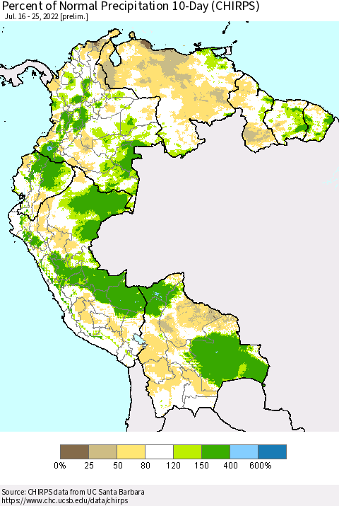 Northern South America Percent of Normal Precipitation 10-Day (CHIRPS) Thematic Map For 7/16/2022 - 7/25/2022