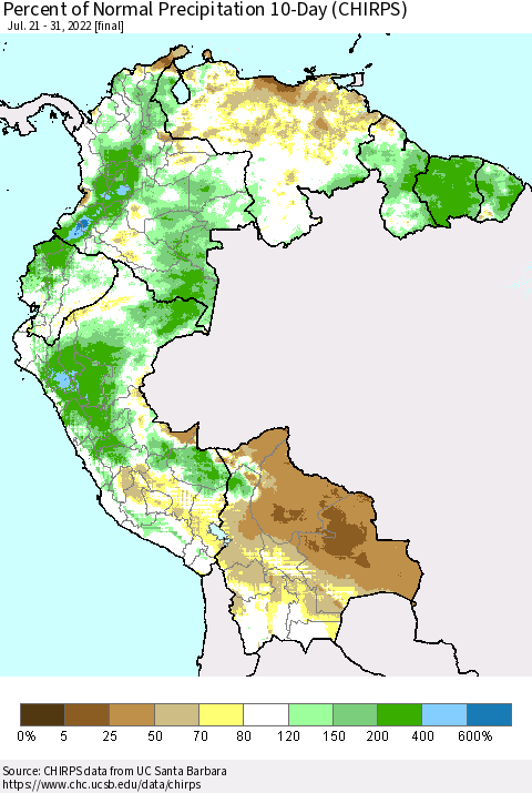 Northern South America Percent of Normal Precipitation 10-Day (CHIRPS) Thematic Map For 7/21/2022 - 7/31/2022