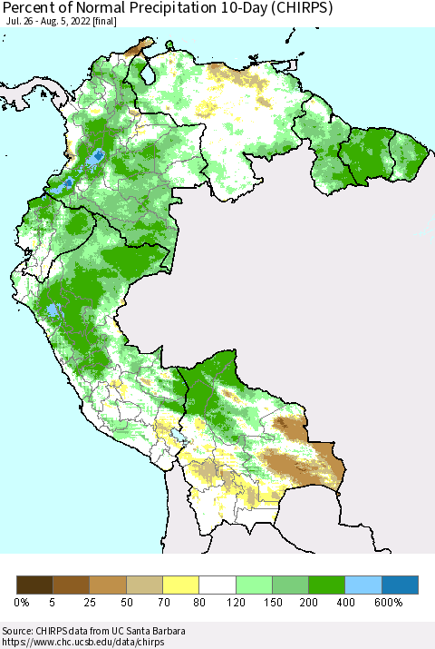 Northern South America Percent of Normal Precipitation 10-Day (CHIRPS) Thematic Map For 7/26/2022 - 8/5/2022