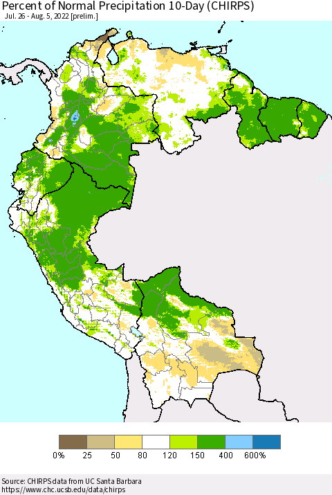 Northern South America Percent of Normal Precipitation 10-Day (CHIRPS) Thematic Map For 7/26/2022 - 8/5/2022