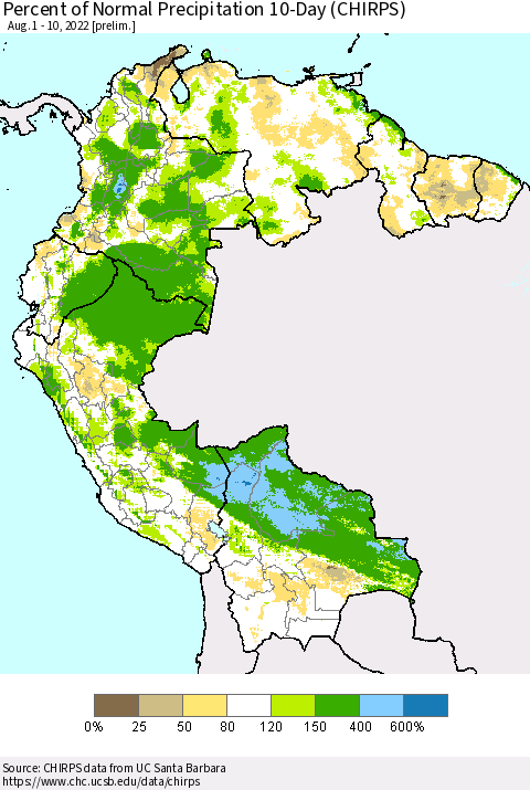 Northern South America Percent of Normal Precipitation 10-Day (CHIRPS) Thematic Map For 8/1/2022 - 8/10/2022
