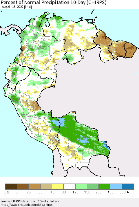 Northern South America Percent of Normal Precipitation 10-Day (CHIRPS) Thematic Map For 8/6/2022 - 8/15/2022
