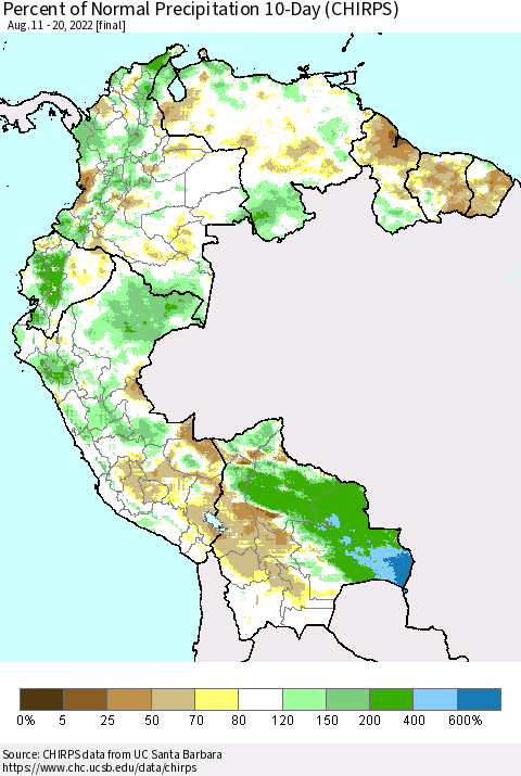 Northern South America Percent of Normal Precipitation 10-Day (CHIRPS) Thematic Map For 8/11/2022 - 8/20/2022