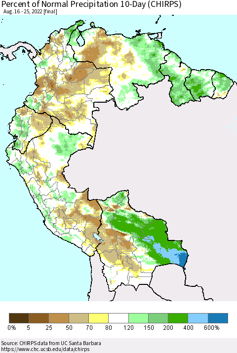 Northern South America Percent of Normal Precipitation 10-Day (CHIRPS) Thematic Map For 8/16/2022 - 8/25/2022
