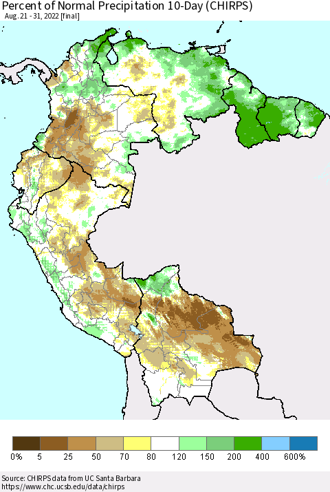 Northern South America Percent of Normal Precipitation 10-Day (CHIRPS) Thematic Map For 8/21/2022 - 8/31/2022