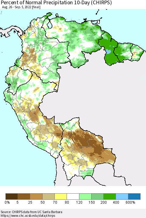 Northern South America Percent of Normal Precipitation 10-Day (CHIRPS) Thematic Map For 8/26/2022 - 9/5/2022