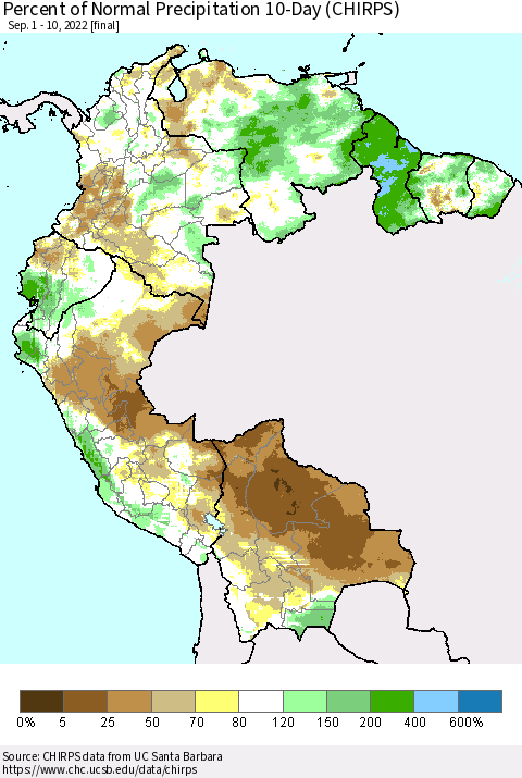 Northern South America Percent of Normal Precipitation 10-Day (CHIRPS) Thematic Map For 9/1/2022 - 9/10/2022