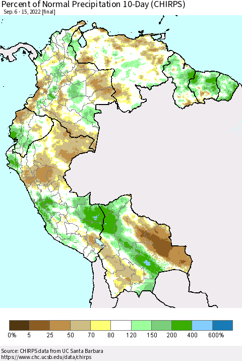 Northern South America Percent of Normal Precipitation 10-Day (CHIRPS) Thematic Map For 9/6/2022 - 9/15/2022