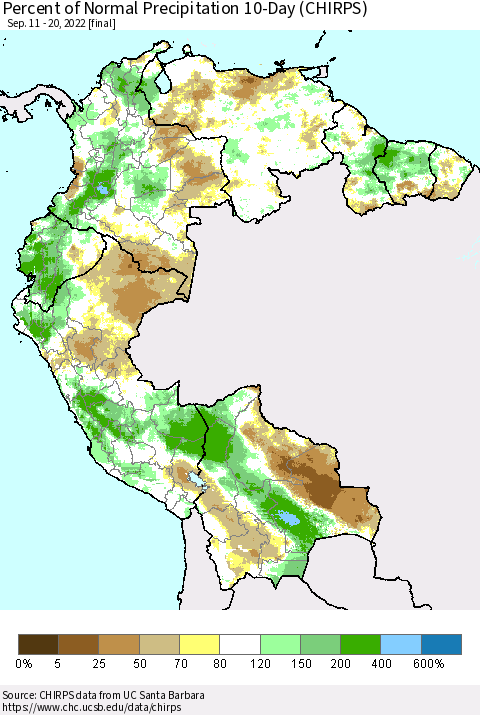 Northern South America Percent of Normal Precipitation 10-Day (CHIRPS) Thematic Map For 9/11/2022 - 9/20/2022