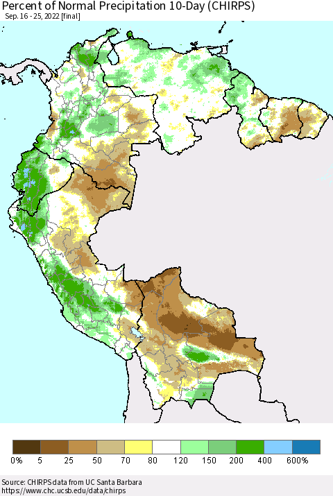 Northern South America Percent of Normal Precipitation 10-Day (CHIRPS) Thematic Map For 9/16/2022 - 9/25/2022
