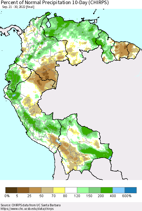 Northern South America Percent of Normal Precipitation 10-Day (CHIRPS) Thematic Map For 9/21/2022 - 9/30/2022