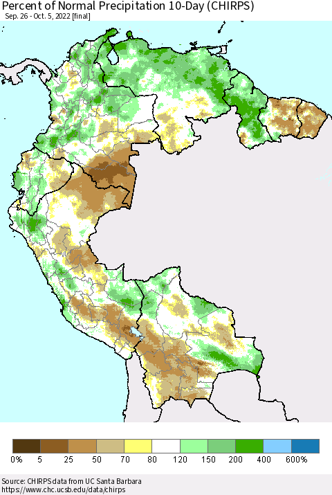 Northern South America Percent of Normal Precipitation 10-Day (CHIRPS) Thematic Map For 9/26/2022 - 10/5/2022