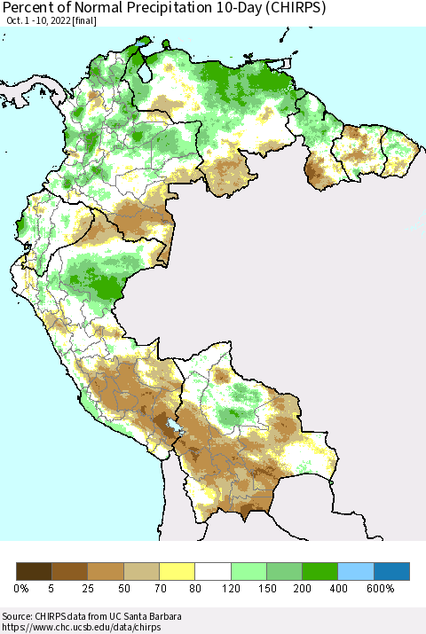 Northern South America Percent of Normal Precipitation 10-Day (CHIRPS) Thematic Map For 10/1/2022 - 10/10/2022