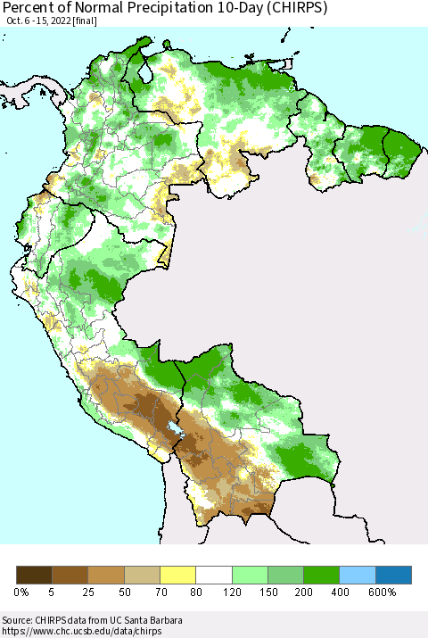 Northern South America Percent of Normal Precipitation 10-Day (CHIRPS) Thematic Map For 10/6/2022 - 10/15/2022