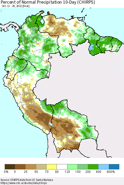 Northern South America Percent of Normal Precipitation 10-Day (CHIRPS) Thematic Map For 10/11/2022 - 10/20/2022