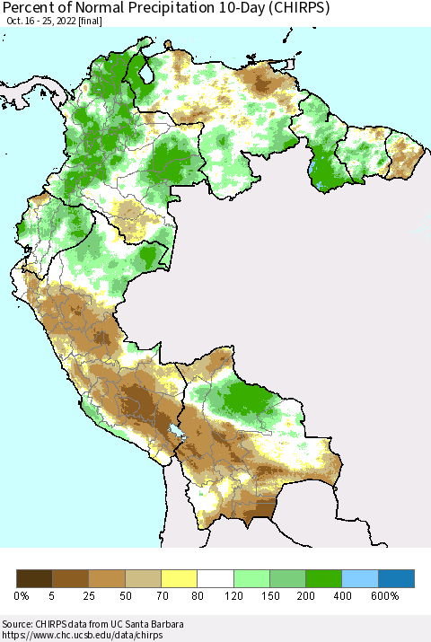 Northern South America Percent of Normal Precipitation 10-Day (CHIRPS) Thematic Map For 10/16/2022 - 10/25/2022