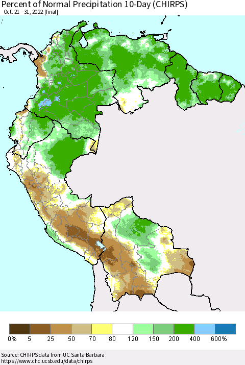 Northern South America Percent of Normal Precipitation 10-Day (CHIRPS) Thematic Map For 10/21/2022 - 10/31/2022