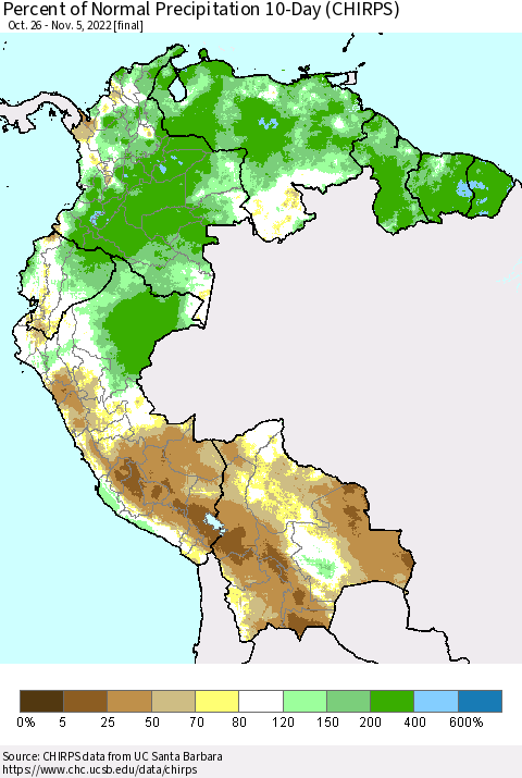 Northern South America Percent of Normal Precipitation 10-Day (CHIRPS) Thematic Map For 10/26/2022 - 11/5/2022