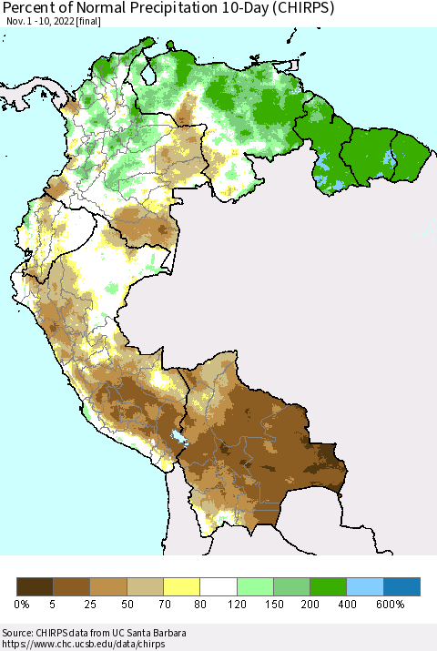 Northern South America Percent of Normal Precipitation 10-Day (CHIRPS) Thematic Map For 11/1/2022 - 11/10/2022