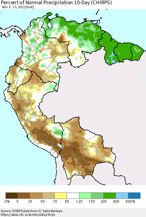 Northern South America Percent of Normal Precipitation 10-Day (CHIRPS) Thematic Map For 11/6/2022 - 11/15/2022