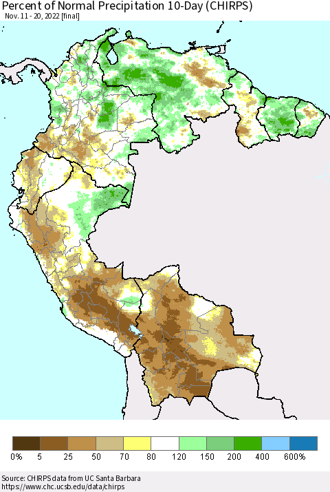 Northern South America Percent of Normal Precipitation 10-Day (CHIRPS) Thematic Map For 11/11/2022 - 11/20/2022