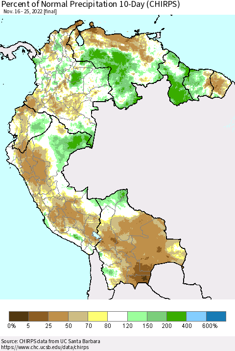 Northern South America Percent of Normal Precipitation 10-Day (CHIRPS) Thematic Map For 11/16/2022 - 11/25/2022