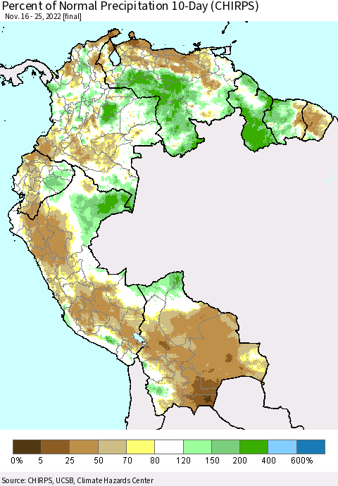 Northern South America Percent of Normal Precipitation 10-Day (CHIRPS) Thematic Map For 11/16/2022 - 11/25/2022