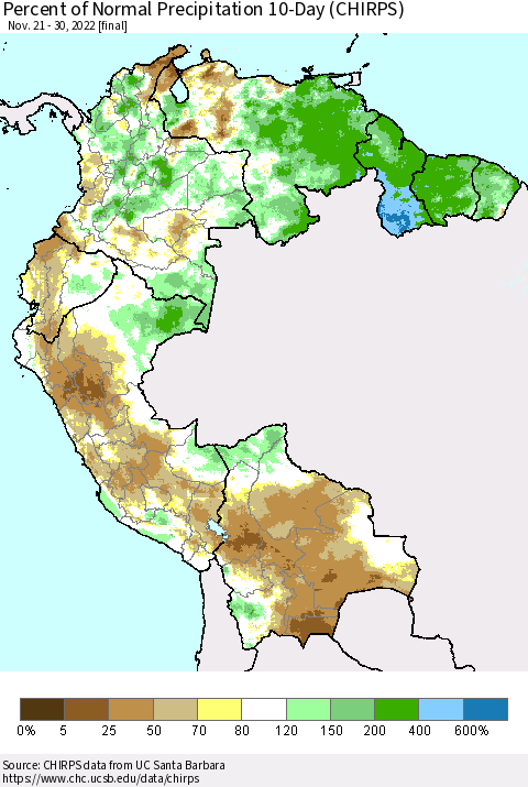 Northern South America Percent of Normal Precipitation 10-Day (CHIRPS) Thematic Map For 11/21/2022 - 11/30/2022
