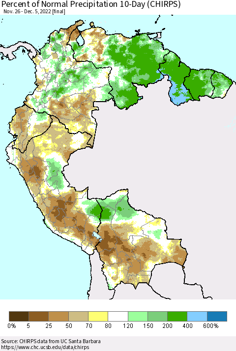 Northern South America Percent of Normal Precipitation 10-Day (CHIRPS) Thematic Map For 11/26/2022 - 12/5/2022