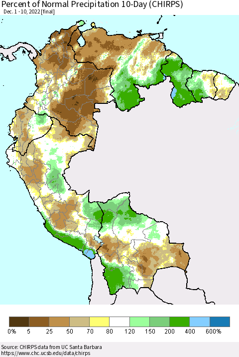 Northern South America Percent of Normal Precipitation 10-Day (CHIRPS) Thematic Map For 12/1/2022 - 12/10/2022