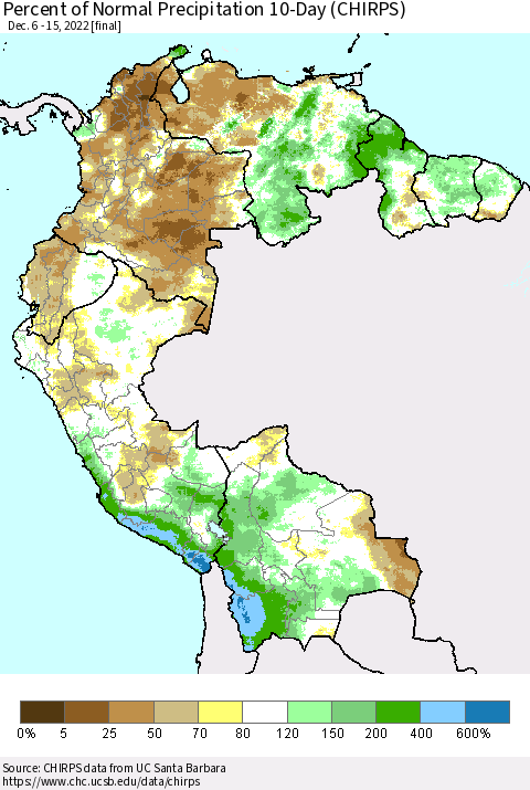 Northern South America Percent of Normal Precipitation 10-Day (CHIRPS) Thematic Map For 12/6/2022 - 12/15/2022