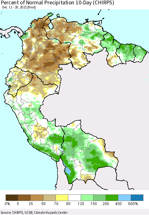 Northern South America Percent of Normal Precipitation 10-Day (CHIRPS) Thematic Map For 12/11/2022 - 12/20/2022