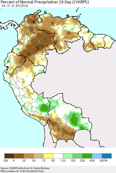 Northern South America Percent of Normal Precipitation 10-Day (CHIRPS) Thematic Map For 12/16/2022 - 12/25/2022