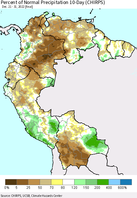 Northern South America Percent of Normal Precipitation 10-Day (CHIRPS) Thematic Map For 12/21/2022 - 12/31/2022